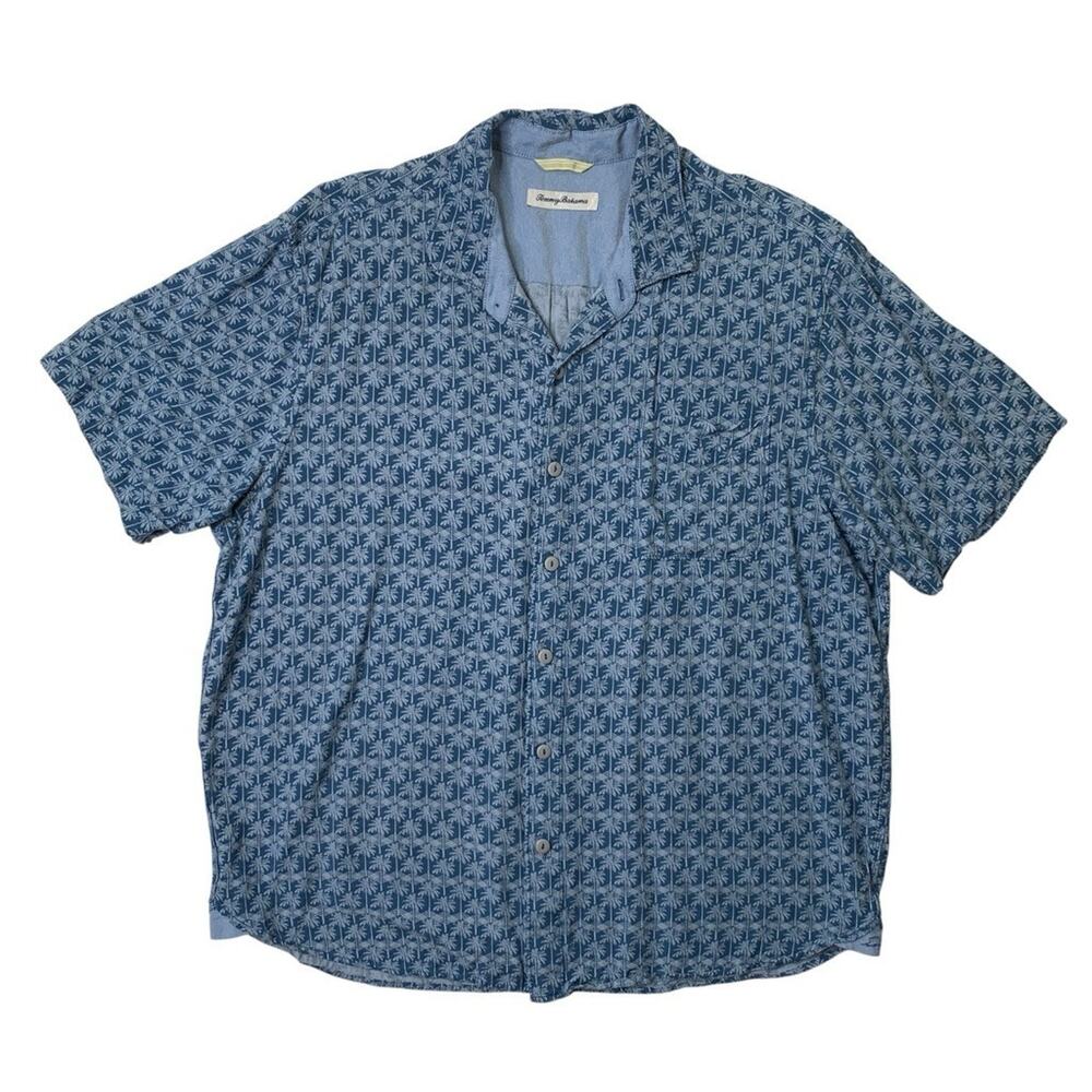 Tommy Bahama Shirt Mens XL White Teal Blue Palms Away Geo Camp Short Sleeve